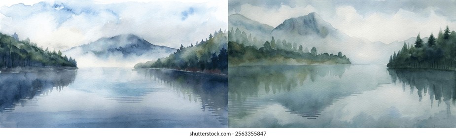 Ethereal watercolor landscape with foggy mountains and a still lake reflecting the scenery.