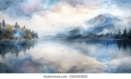 Ethereal watercolor landscape showcasing a tranquil lake with misty mountains and soft pastel skies at dusk.