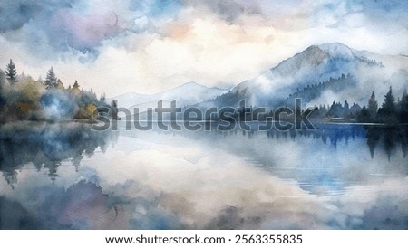Similar – Image, Stock Photo An ethereal landscape showcasing a blur of golden wildflowers against a backdrop of serene trees under a soft, hazy sunrise