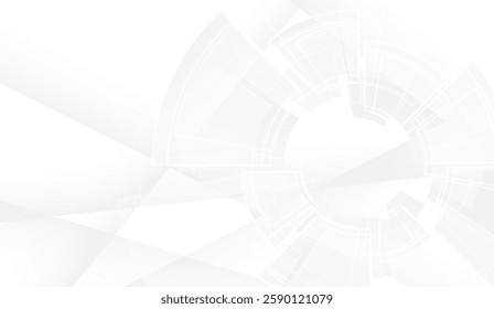 Ethereal White, A minimalist abstract composition featuring layered transparent circles and geometric forms evoking a sense of technological advancement and subtle elegance