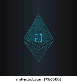 Ethereum 2.0 colorful thin line textured logo on dark gradient background. Glowing cyan symbol.