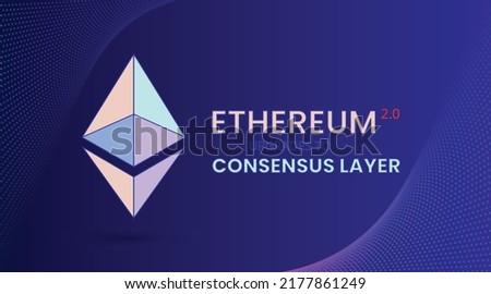 Ethereum 2.0 (ETH) upgraded - cryptocurrency ether coin logo or symbol on abstract technology background. New improved Proof-of-Stake PoS consensus layer.