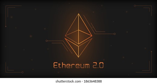 Ethereum 2.0 logo on dark background with circuits decoration. Glowing symbol with golden and orande gradient.