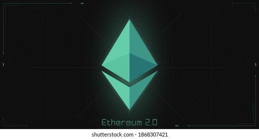 Ethereum 2.0 logo on dark background with thin line decoration. Glowing symbol with aquamarine gradient.