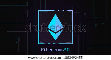 Ethereum 2.0 logo on dark background with circuits decoration. Glowing symbol with cyan and purple gradient. Vector illustration.