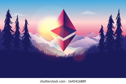 Ethereum 2.0 new dawn - the cryptocurrency symbol flying over landscape in front of sunrise. A new beginning, new morning, success and price growth concept. Vector illustration.