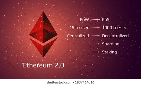 Ethereum 2.0 Restart - Cryptocurrency Coin Symbol On Abstract Polygonal Red Background. New Direction After Hard Fork. Proof-of-Stake PoS Consensus, Sharding, Staking. Vector EPS10.