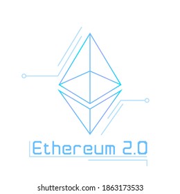 Ethereum 2.0 thin line cyan and purple gradient logo isolated on white background with circuits decoration.