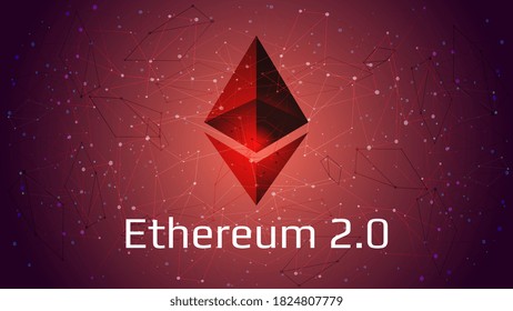 Ethereum 2.0 Updated - Cryptocurrency Coin Symbol On Abstract Polygonal Red Background. New Direction After Hard Fork. Proof-of-Stake PoS Consensus. Vector EPS10.