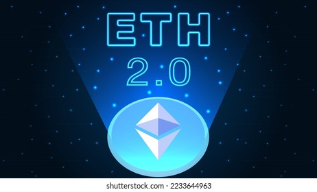 Ethereum 2.0, símbolo actualizado de la moneda criptodivisa en el holograma. Nueva dirección después del tenedor duro. Consenso probatorio del PoS. ETH 2.0 ilustración para banner, sitio web, página de inicio, anuncios, plantilla de volante.