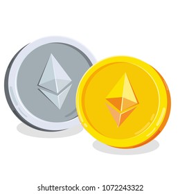 Ethereum. 2D cartoon coin. Digital currency. Cryptocurrency. Golden coins with symbol isolated on white background. Stock vector illustration.