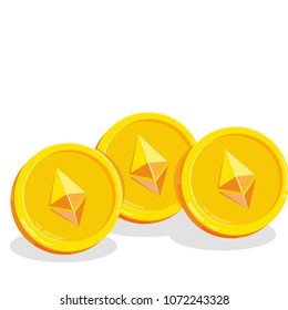 Ethereum. 2D cartoon coin. Digital currency. Cryptocurrency. Golden coins with symbol isolated on white background. Stock vector illustration.
