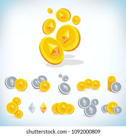 Ethereum. 2D cartoon coin. Digital currency. Cryptocurrency. Golden coins with symbol isolated on white background. Stock vector illustration.