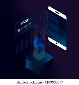 Ethereum 3d isometric concept vector illustration. Cryptocurrency and block chain technology, block chain platform, digital money market, investment, trading and finance concept