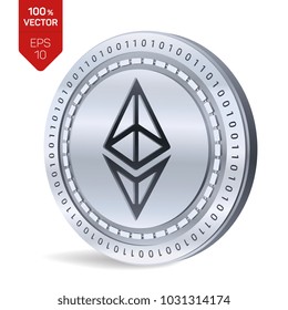 Ethereum. 3D isometric Physical coin. Digital currency. Cryptocurrency. Silver coin with ethereum symbol isolated on white background. Vector illustration.