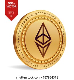 Ethereum. 3D isometric Physical coin. Digital currency. Cryptocurrency. Golden coin with ethereum symbol isolated on white background. Vector illustration