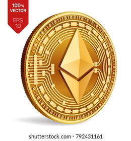 Ethereum. 3D isometric Physical coin. Digital currency. Cryptocurrency. Golden coin with ethereum symbol isolated on white background. Vector illustration