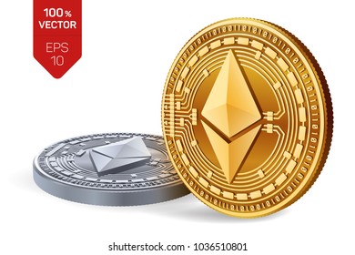 Ethereum. 3D isometric Physical coins. Digital currency. Cryptocurrency. Golden and silver coins with ethereum symbol isolated on white background. Vector illustration.