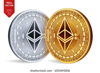 Ethereum. 3D isometric Physical coins. Digital currency. Cryptocurrency. Golden and silver coins with ethereum symbol isolated on white background. Vector illustration.