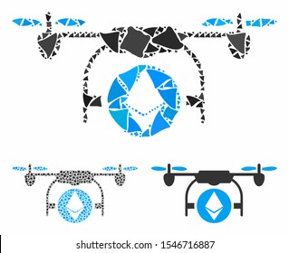 Ethereum airdrone mosaic of humpy items in various sizes and color tints, based on Ethereum airdrone icon. Vector rough items are united into collage.