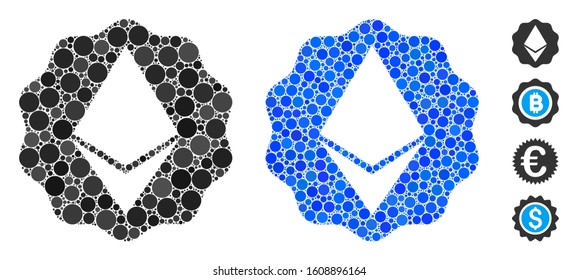 Ethereum badge seal composition of circle elements in variable sizes and color tints, based on Ethereum badge seal icon. Vector round elements are organized into blue illustration.