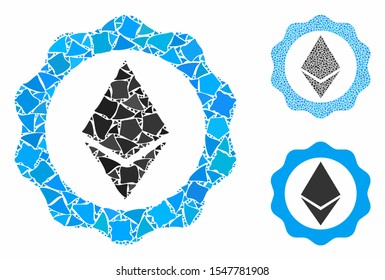 Ethereum badge seal composition of joggly items in various sizes and color tints, based on Ethereum badge seal icon. Vector tuberous items are grouped into composition.