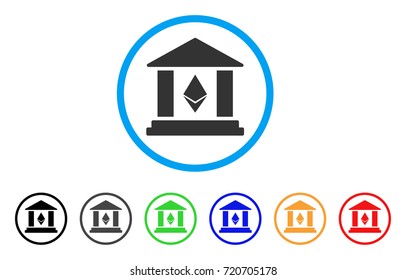Ethereum Bank Building rounded icon. Style is a flat ethereum bank building grey symbol inside light blue circle with black, gray, green, blue, red, orange versions.