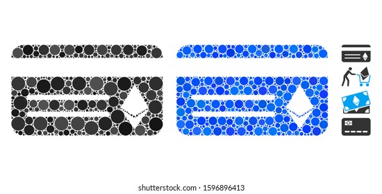 Ethereum banking card composition of small circles in various sizes and color tints, based on Ethereum banking card icon. Vector filled circles are united into blue composition.