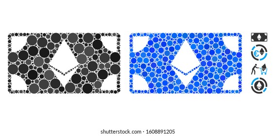 Ethereum banknote mosaic of round dots in various sizes and color tones, based on Ethereum banknote icon. Vector round dots are organized into blue mosaic.