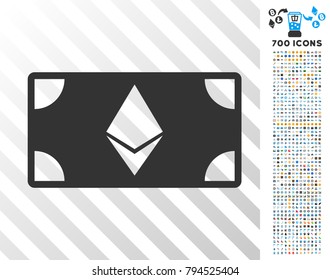 Ethereum Banknote pictograph with 7 hundred bonus bitcoin mining and blockchain pictographs. Vector illustration style is flat iconic symbols design for crypto-currency software.
