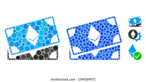 Ethereum banknotes composition of small circles in different sizes and color tinges, based on Ethereum banknotes icon. Vector small circles are grouped into blue mosaic.