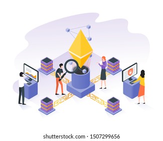 Ethereum, bitcoin, cryptocurrency and blockchain technology in flat isometric with group of people working on computer. Digital money currency concept