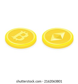 Ethereum and Bitcoin gold coin symbol. Cryptocurrency Ether icon isolated on white background. Blockchain platform. Digital currency or ETH and BTC digital coin. Vector illustration EPS 10.