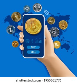 Ethereum, Bitcoin, Litecoin, Ripple,  financial business. Hand holding mobile smartphone. Screen button buy, sell, graphics, world map. Finance, global digital money trade market.  Vector illustration