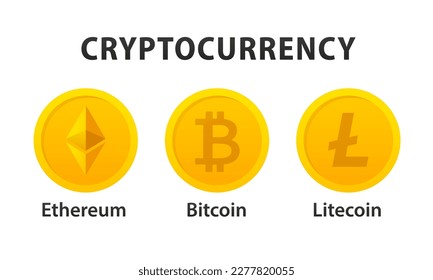 Etéreo, bitcoína, Litecoína. Conjunto de símbolos Crypto Coin. Iconos de criptodivisa Smart contract, blockchain, technology, crypto, airdrop. Crypto airdrop, futuro financiero. Ilustración del vector