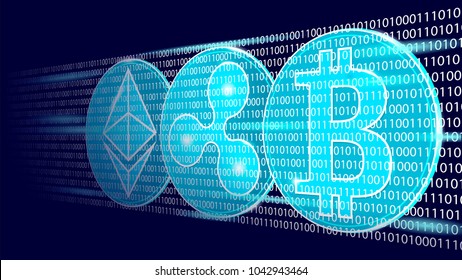 Ethereum Bitcoin Ripple coin digital cryptocurrency sign binary code number. Big data information mining technology. Blue glowing abstract web internet electronic payment vector illustration