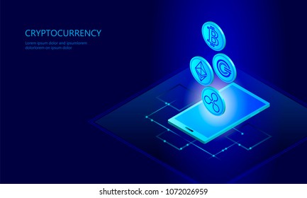 Ethereum Bitcoin Ripple coin digital cryptocurrency smartphone cell web online payment. Big data information exchange technology. Blue isometric web internet electronic payment vector illustration art