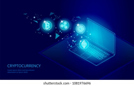 Ethereum Bitcoin Ripple coin digital cryptocurrency laptop pc cell web online payment. Big data information exchange technology. Blue isometric web internet electronic payment vector illustration svg