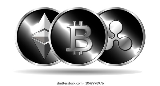 Ethereum, Bitcoin And Ripple Physical Coins. 3D Effect. Creative Vector Illustration. Cryptocurrency Modern Image.