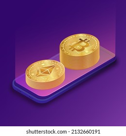 ethereum and bitcoin wallet concept. Shiny cryptocurrency coins on the phone's screen. Isometric smartphone with money