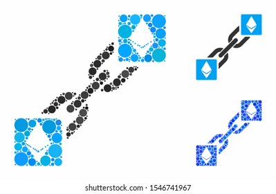 Ethereum blockchain composition of circle elements in various sizes and color tinges, based on Ethereum blockchain icon. Vector round elements are grouped into blue composition.