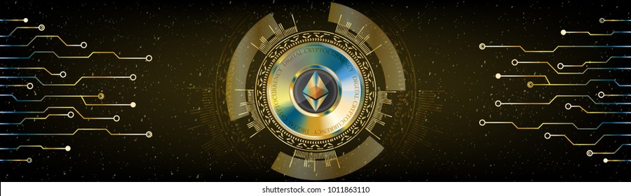 Ethereum blockchain cryptocurrency golden coin with futuristic lines and HUD space background. Vector. 