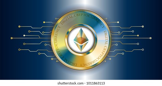 Ethereum blockchain cryptocurrency golden coin with futuristic lines and HUD space background. Vector. 