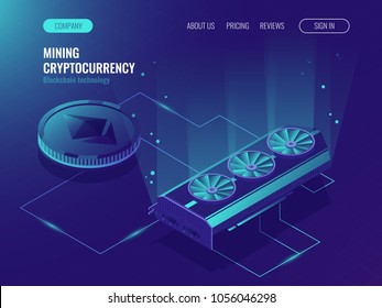 Ethereum Blockchain isométrico, processamento de grandes dados, rack de sala de servidor, servidor de fazenda de mineração de moeda Crypto. Data center, mainframe vector isométrico ultravioleta