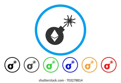 Ethereum Bomb vector rounded icon. Image style is a flat gray icon symbol inside a blue circle. Bonus color versions are gray, black, blue, green, red, orange.
