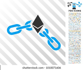 Ethereum Broken Chain pictograph with 7 hundred bonus bitcoin mining and blockchain design elements. Vector illustration style is flat iconic symbols designed for crypto currency software.