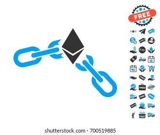 Ethereum Broken Chain pictograph with free bonus pictograph collection. Vector illustration style is flat iconic symbols.