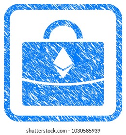 Ethereum Business Case rubber seal stamp watermark. Icon vector symbol with grunge design and dust texture in rounded frame. Scratched blue emblem on a white background.