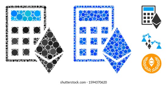 Ethereum calculator composition of small circles in various sizes and color tints, based on Ethereum calculator icon. Vector small circles are organized into blue illustration.