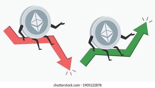 Ethereum cartoon character in bullish or bearish market trend in crypto currency. Green up or red down arrow graph. Cryptocurrency ETH coin price illustration. Ethereum crash or boom. Vector